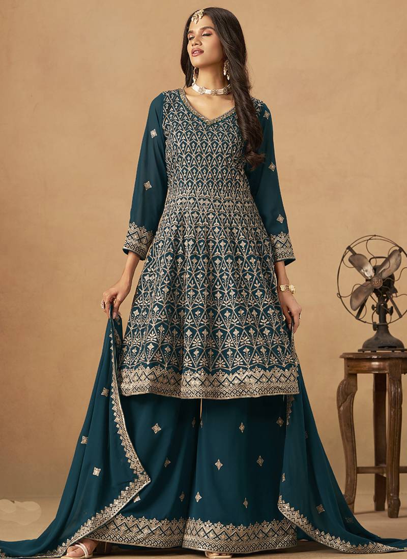 Aqua blue georgette embroidered deigner palazzo suit