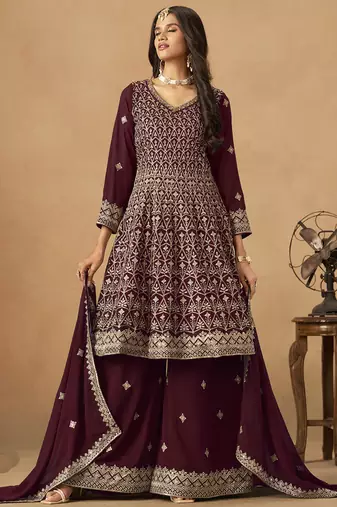 Maroon georgette embroidered deigner palazzo suit