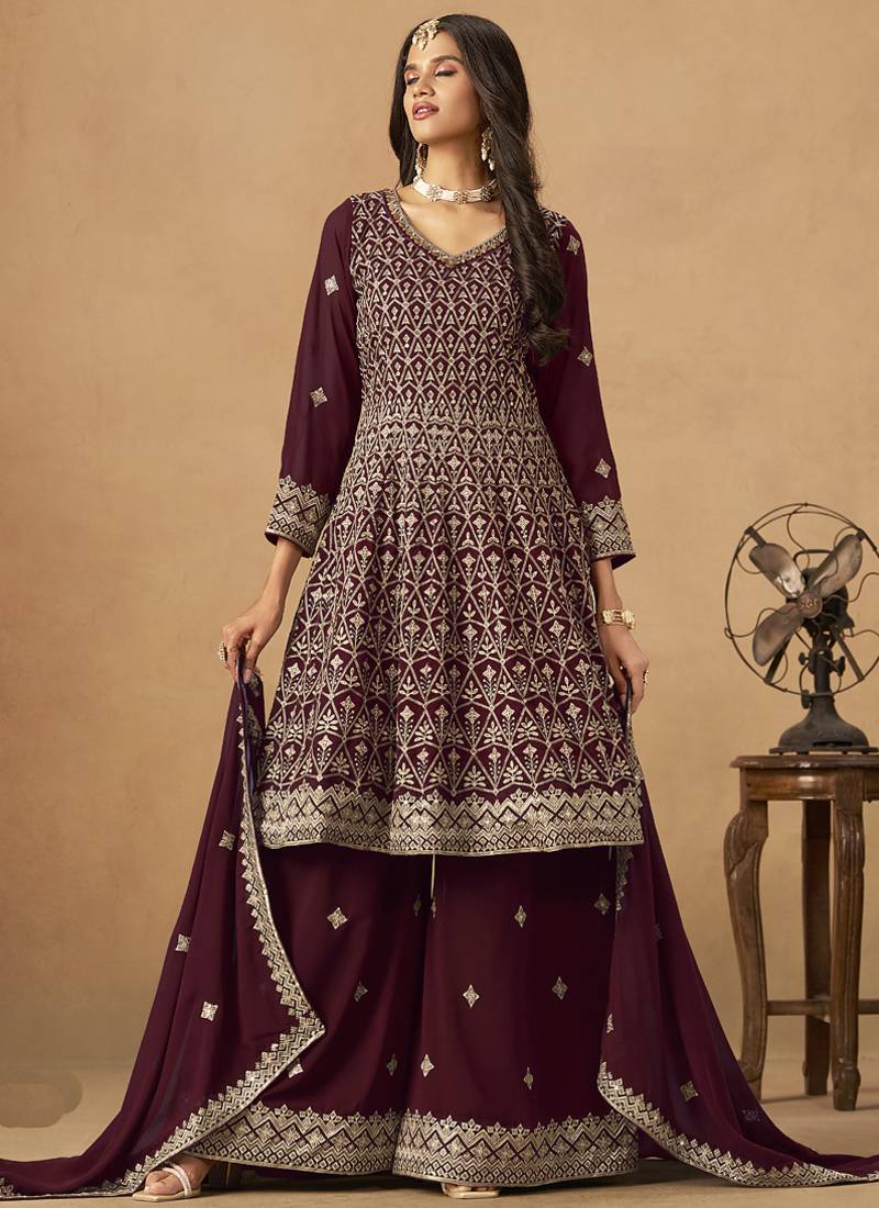 Maroon georgette embroidered deigner palazzo suit