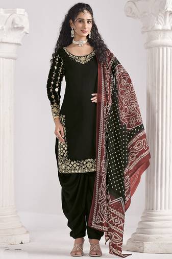 Black roman silk mirror work patiala suit