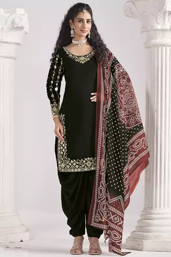 Black roman silk mirror work patiala suit