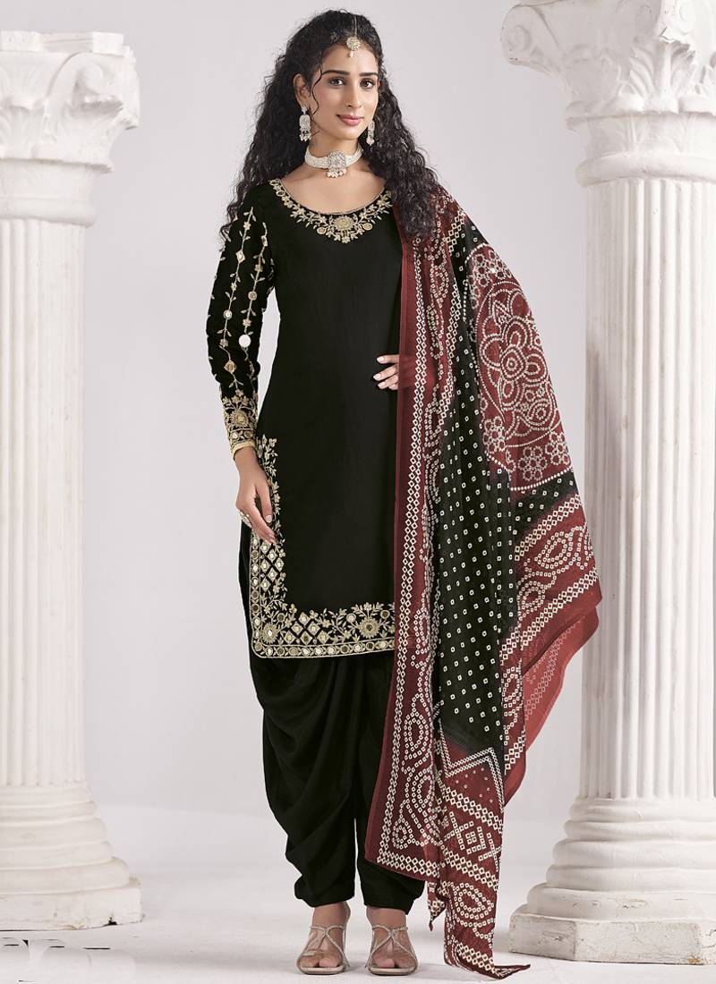 Black roman silk mirror work patiala suit