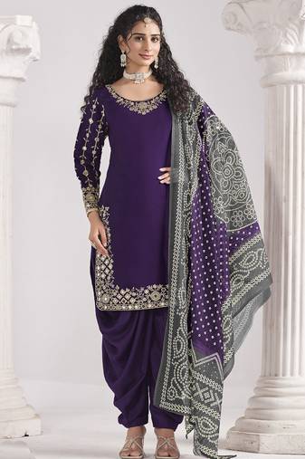 Violet roman silk mirror work patiala suit