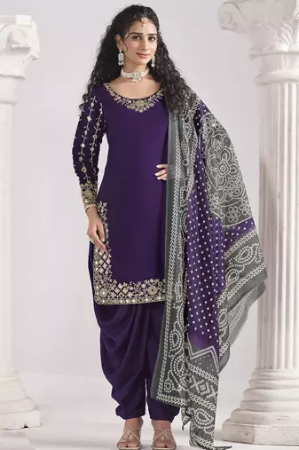 Violet roman silk mirror work patiala suit