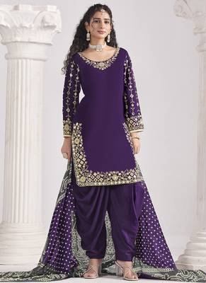 Violet roman silk mirror work patiala suit 2