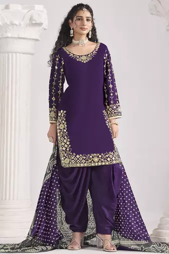 Violet roman silk mirror work patiala suit