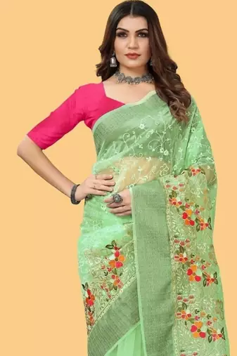 Sea Green Color Embroidered Organza Silk Saree