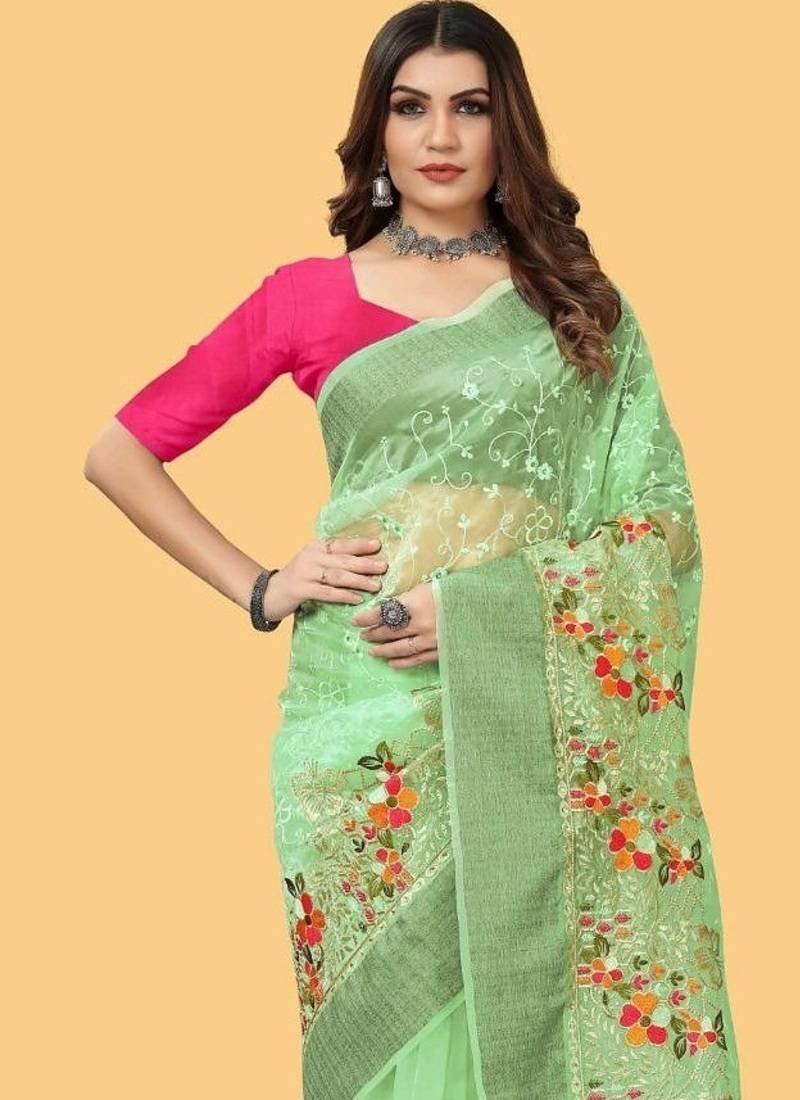 Sea Green Color Embroidered Organza Silk Saree