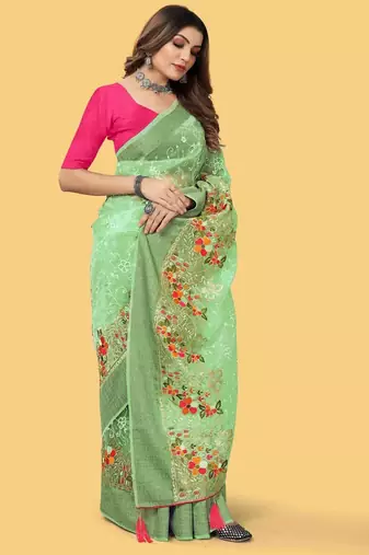 Sea Green Color Embroidered Organza Silk Saree