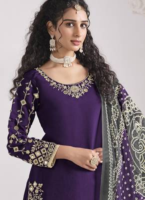 Violet roman silk mirror work patiala suit 3