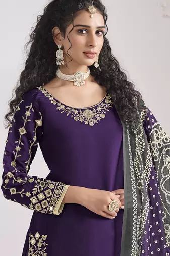 Violet roman silk mirror work patiala suit