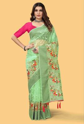 Sea Green Color Embroidered Organza Silk Saree 3