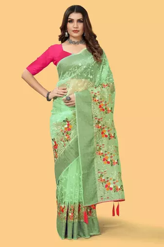 Sea Green Color Embroidered Organza Silk Saree