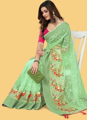 Sea Green Color Embroidered Organza Silk Saree 4
