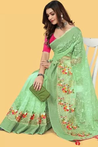 Sea Green Color Embroidered Organza Silk Saree