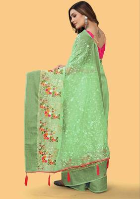 Sea Green Color Embroidered Organza Silk Saree 5