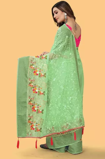 Sea Green Color Embroidered Organza Silk Saree