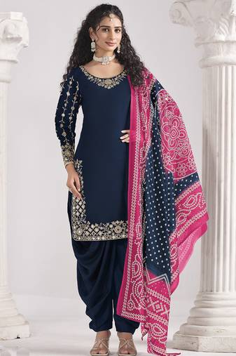 Blue roman silk mirror work patiala suit