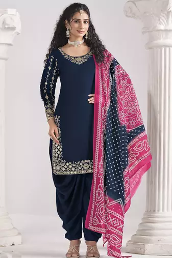 Blue roman silk mirror work patiala suit