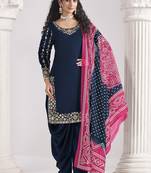 Blue roman silk mirror work patiala suit