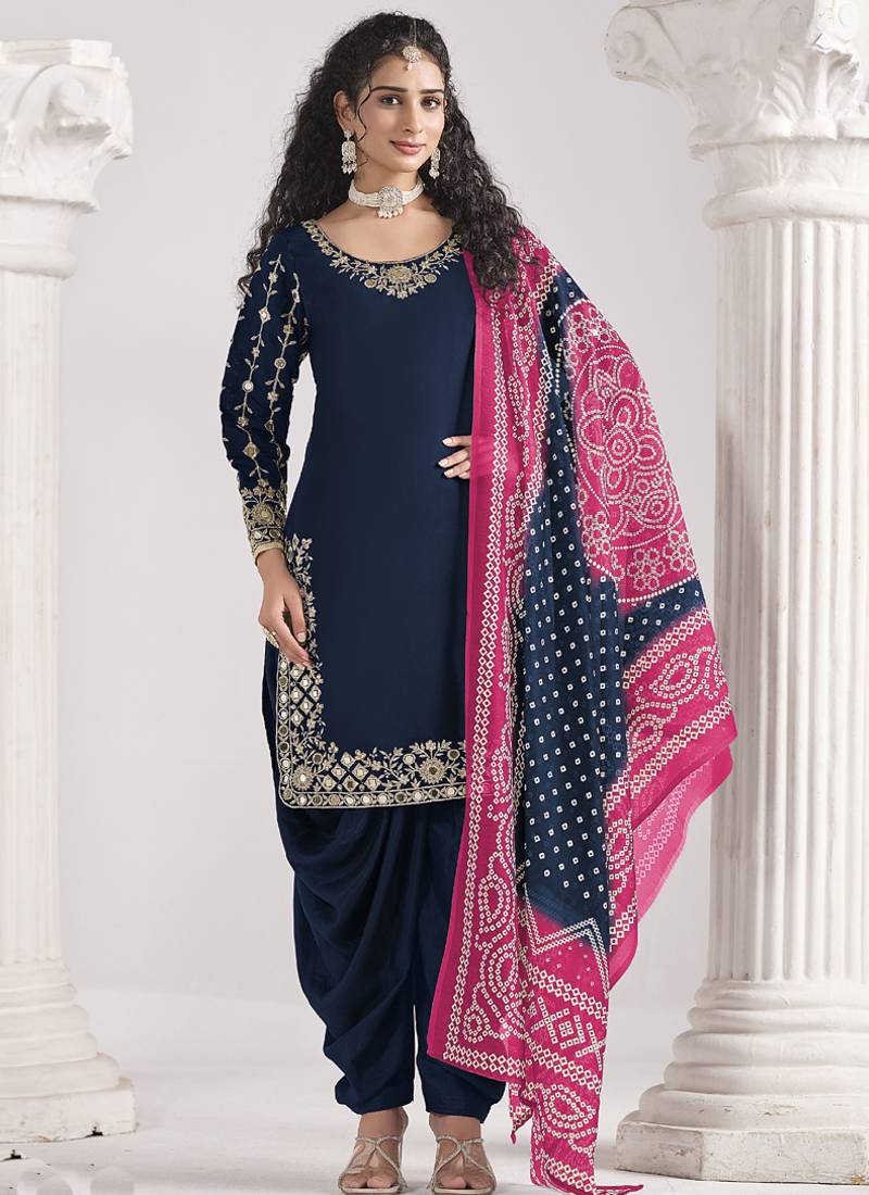 Blue roman silk mirror work patiala suit