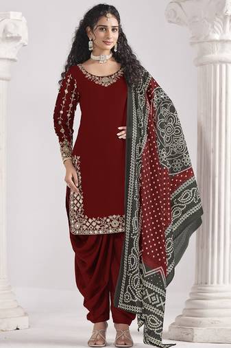 Maroon roman silk mirror work patiala suit