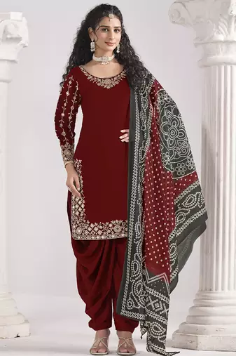 Maroon roman silk mirror work patiala suit