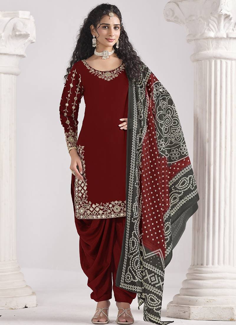 Maroon roman silk mirror work patiala suit