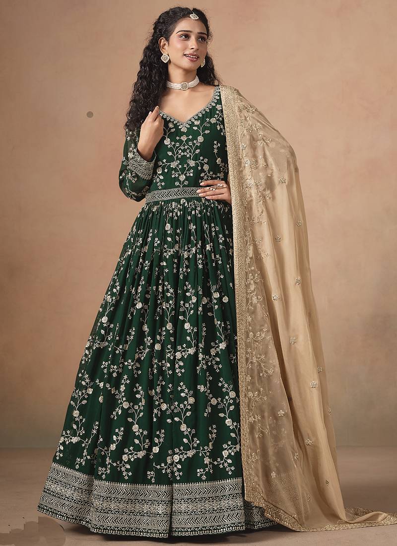 Green georgette embroidered anarkali werddind wear suit