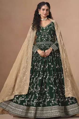 Green georgette embroidered anarkali werddind wear suit