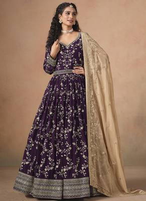 Purple georgette embroidered anarkali werddind wear suit 1