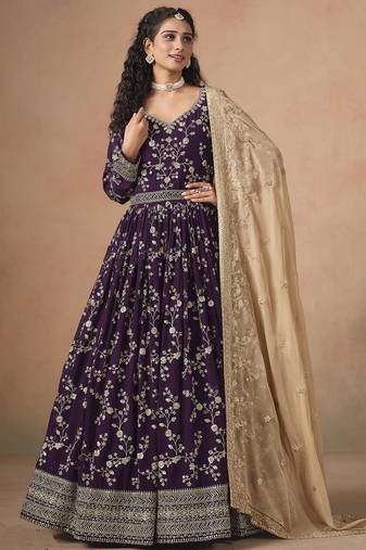 Purple georgette embroidered anarkali werddind wear suit