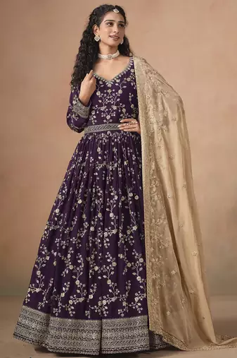 Purple georgette embroidered anarkali werddind wear suit