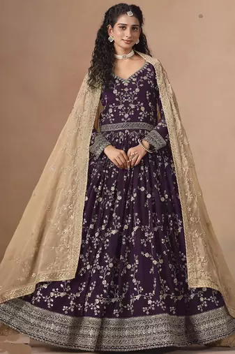 Purple georgette embroidered anarkali werddind wear suit