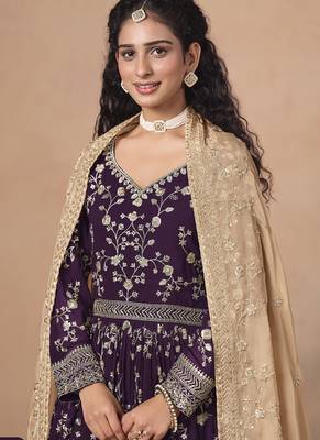 Purple georgette embroidered anarkali werddind wear suit 3