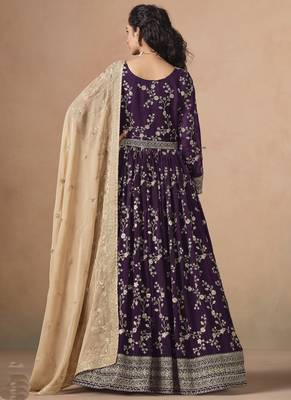 Purple georgette embroidered anarkali werddind wear suit 4