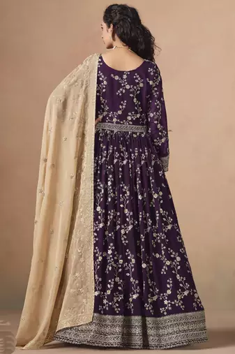 Purple georgette embroidered anarkali werddind wear suit