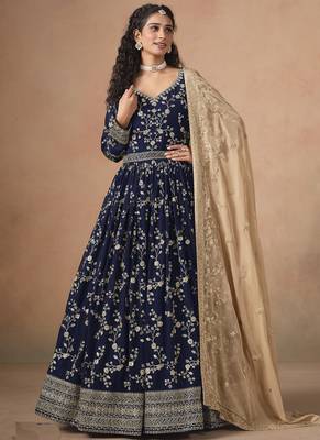 Blue georgette embroidered anarkali werddind wear suit 1