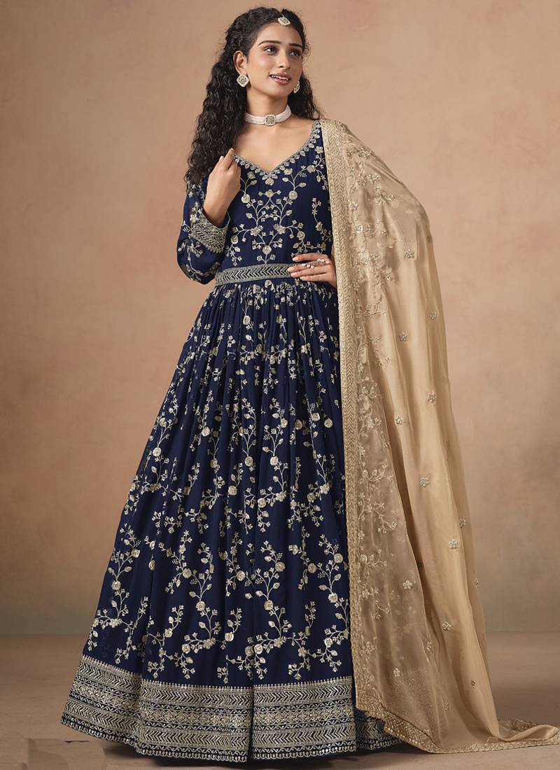 Blue georgette embroidered anarkali werddind wear suit