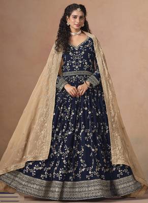 Blue georgette embroidered anarkali werddind wear suit 2