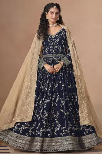 Blue georgette embroidered anarkali werddind wear suit