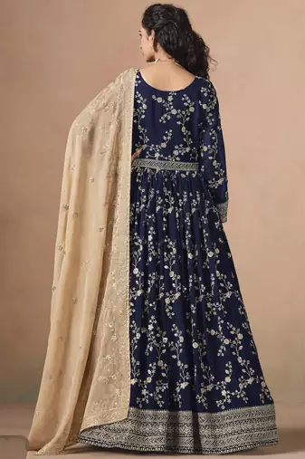Blue georgette embroidered anarkali werddind wear suit