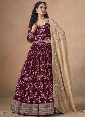 Maroon georgette embroidered anarkali werddind wear suit 1