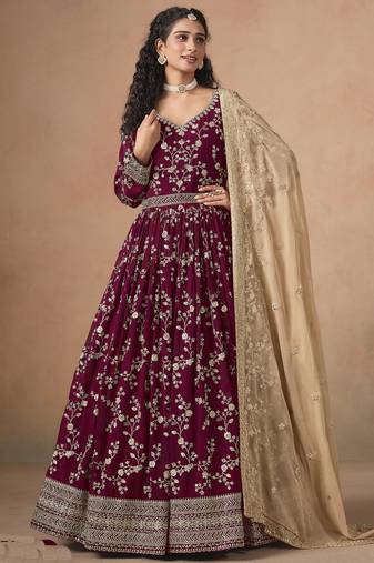 Maroon georgette embroidered anarkali werddind wear suit