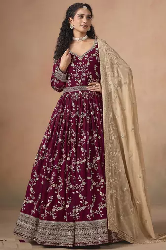 Maroon georgette embroidered anarkali werddind wear suit