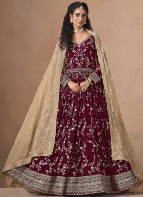 Maroon georgette embroidered anarkali werddind wear suit 2