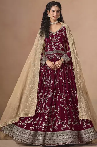 Maroon georgette embroidered anarkali werddind wear suit