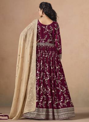 Maroon georgette embroidered anarkali werddind wear suit 4