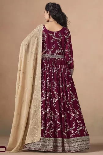 Maroon georgette embroidered anarkali werddind wear suit