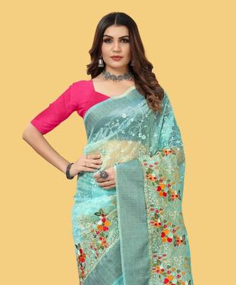 Sky Blue Color Embroidered Organza Silk Saree 1